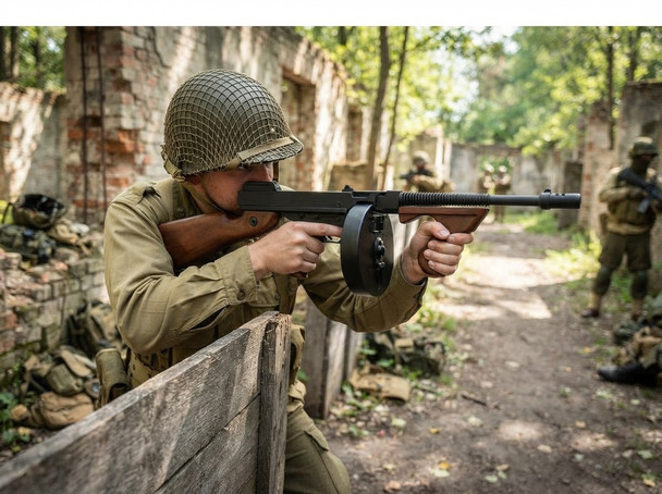 Player in WWII uniform aiming the Cybergun Thompson M1928 "Chicago Typewriter" AEG Airsoft Rifle in Wood at a skirmish.