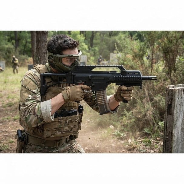 Tokyo Marui G36C Custom Next Gen AEG Airsoft Rifle held by a camouflaged player in woodland