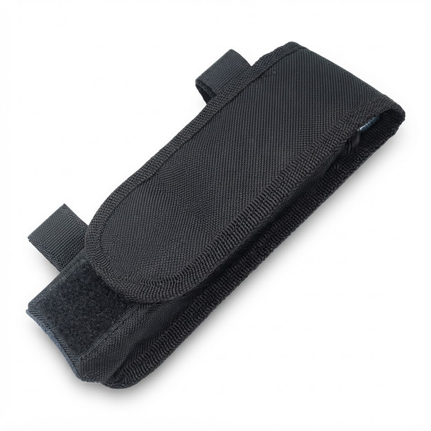 High angle view of the King Arms Battery Bag Pouch Black featuring a durable hook and loop closure design.