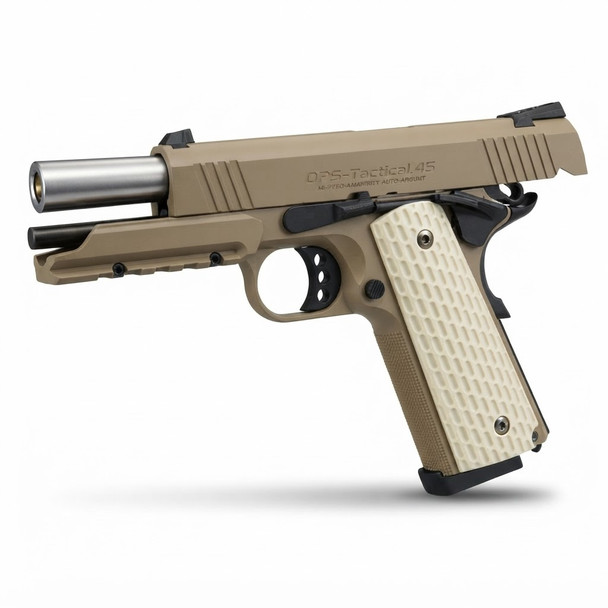 Tokyo Marui Hi-CAPA 4.3 Desert Warrior GBB Pistol angled left with exposed silver barrel on white