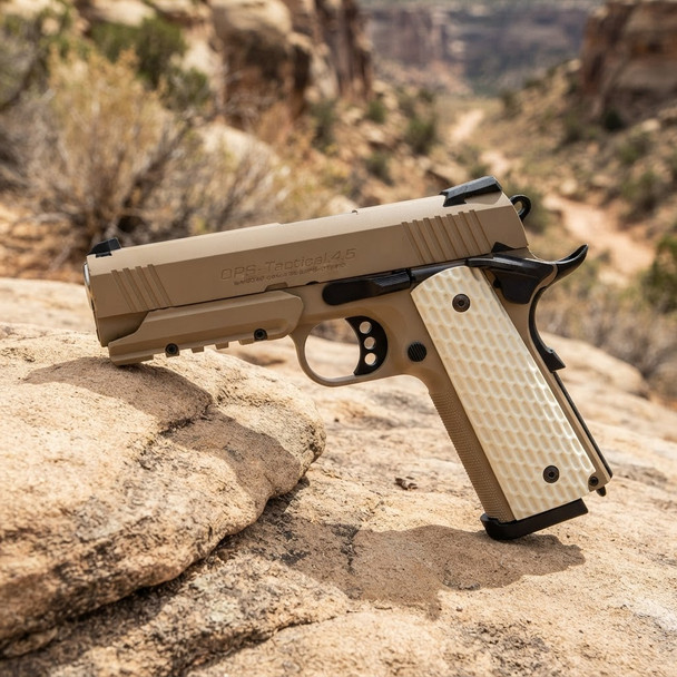 Tokyo Marui Hi-CAPA 4.3 Desert Warrior GBB Pistol side view on desert rocks