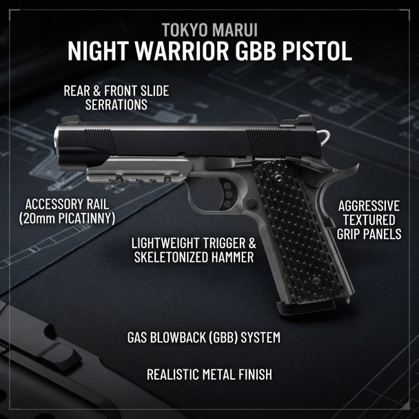 Features infographic of the Tokyo Marui Night Warrior GBB Airsoft Pistol highlighting the rail, grip, and hammer.