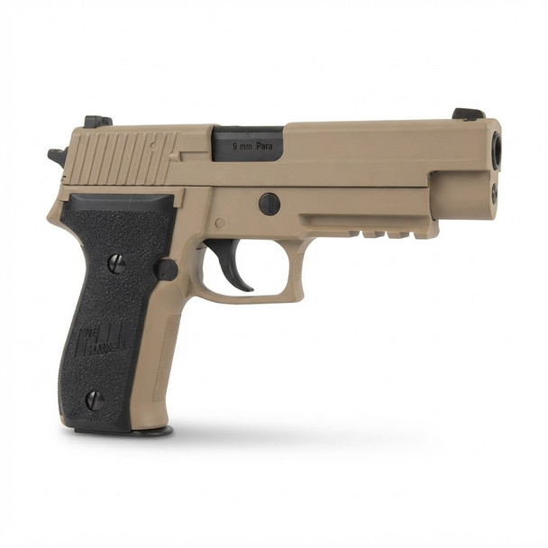 Side profile of the WE MK25 GBB Pistol F003 P226 (Tan) showing the black grip and tan frame on a white background.