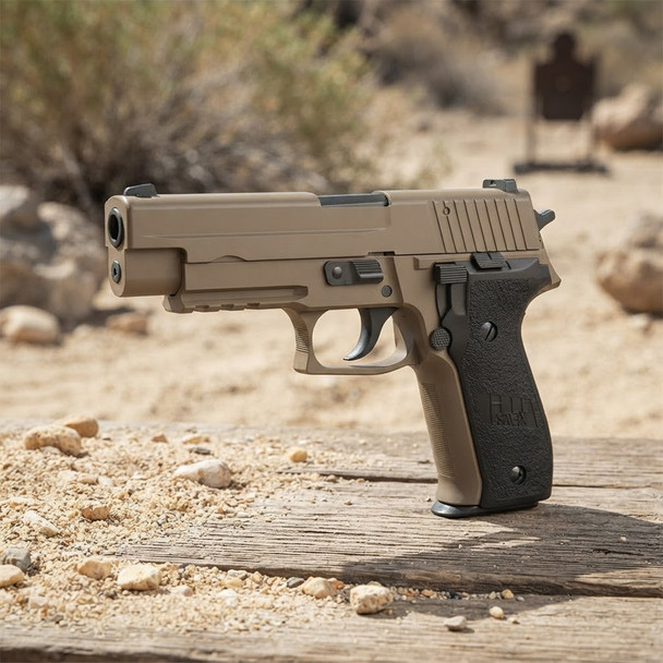 WE MK25 GBB Pistol F003 P226 (Tan) left-side view standing on a weathered plank outdoors