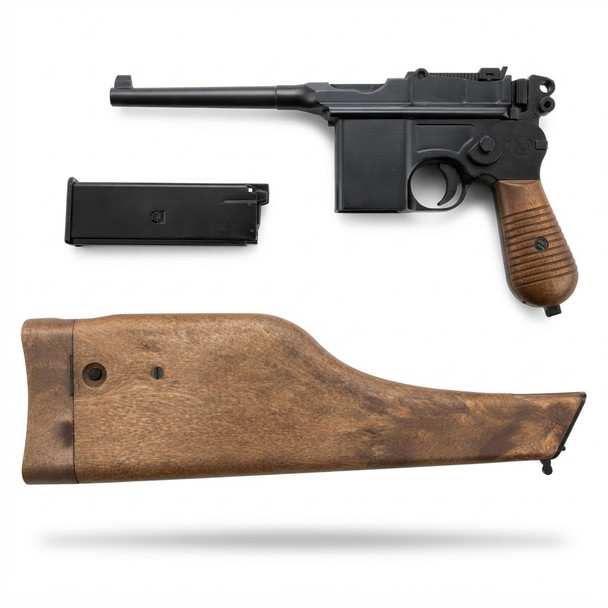 WE 712 M712 'Broomhandle Mauser' GBB Pistol with Stock/Holster shown disassembled with magazine and wooden stock.