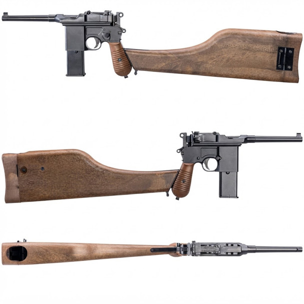 Right side view of the WE 712 M712 'Broomhandle Mauser' GBB Pistol with Stock/Holster attached.