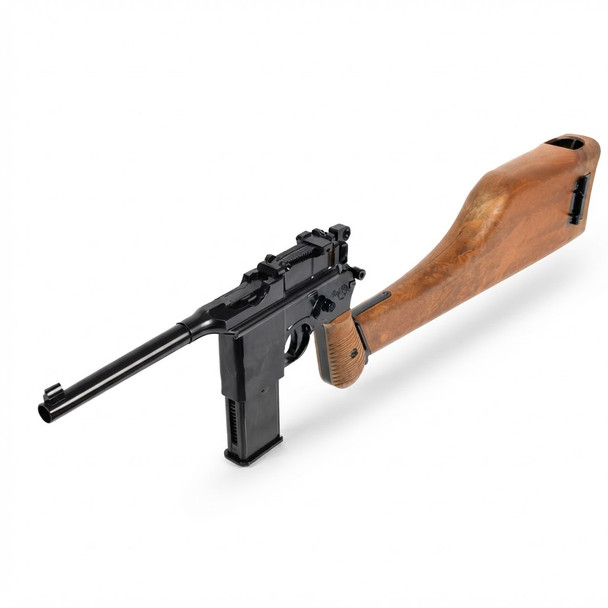 Rear high-angle view of the WE 712 M712 'Broomhandle Mauser' GBB Pistol with Stock/Holster attached.