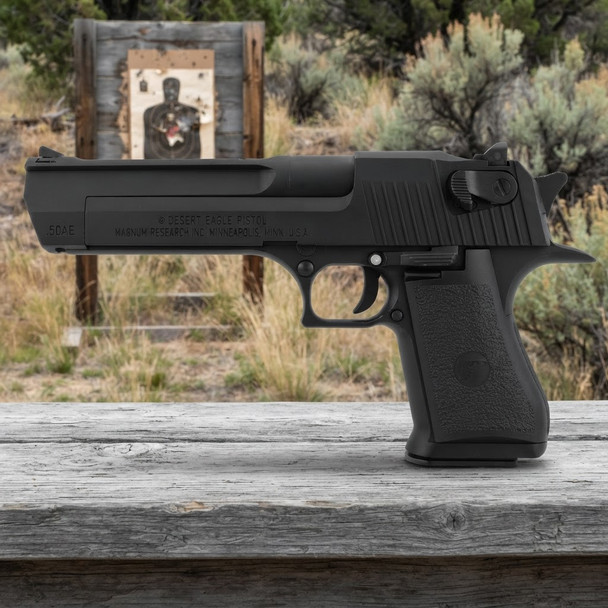 Cybergun Magnum Research Inc. Desert Eagle 50AE GBB Pistol Black, left side view at an outdoor target range