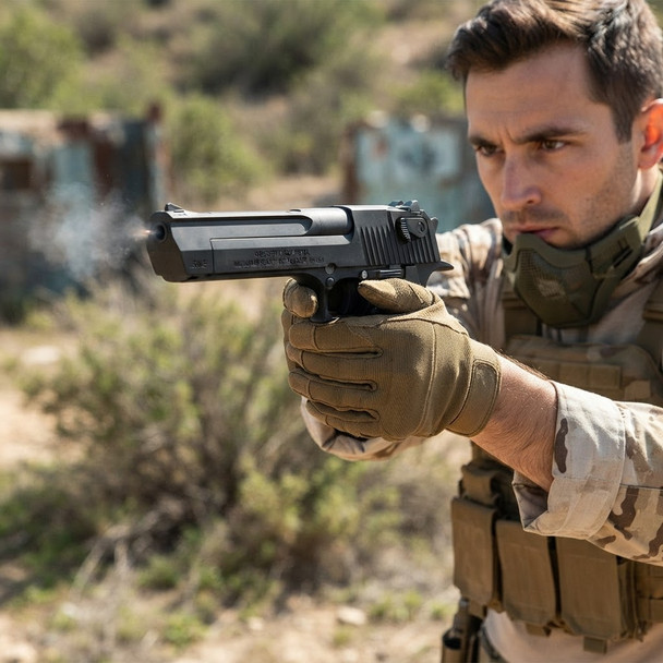 Cybergun Magnum Research Inc. Desert Eagle 50AE GBB Pistol Black fired outdoors by tactical player