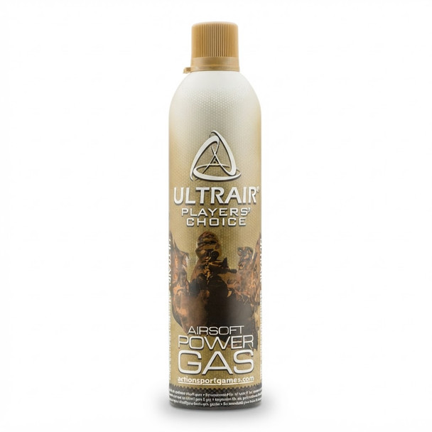 ASG Ultrair Green Gas 570ml can with tan cap, shown upright from the front on a white background