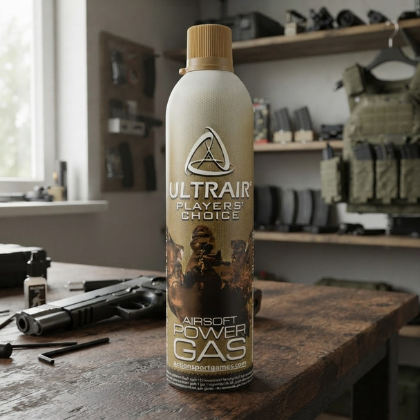 ASG Ultrair Green Gas 570ml canister standing upright on a rustic workshop table with airsoft gear in the background.