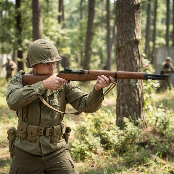 Player in WWII-style gear aiming the A&K M1 Garand Airsoft AEG Rifle - Real Wood during a woodland airsoft game