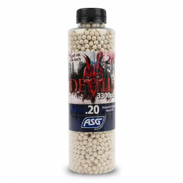 Blaster Devil 0.20g 3300 Bottle Diamond Grade 6mm Airsoft BB, front view on white background