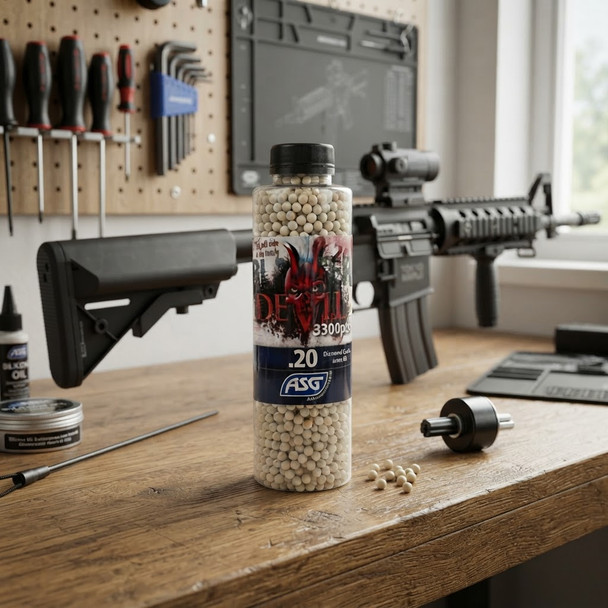 Blaster Devil 0.20g 3300 Bottle Diamond Grade 6mm Airsoft BB standing on a workshop desk with a rifle in the background.