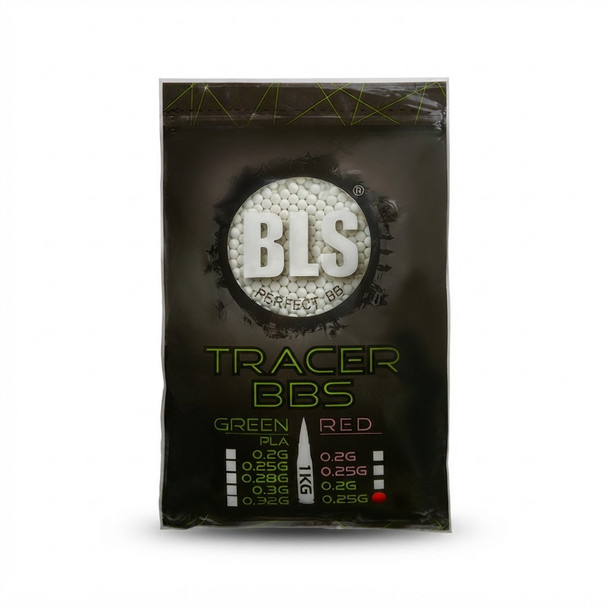 Front view of BLS 0.25g Tracer BBs Green 1kilo Bag High Grade Airsoft 6mm 4000rd in its official product packaging.