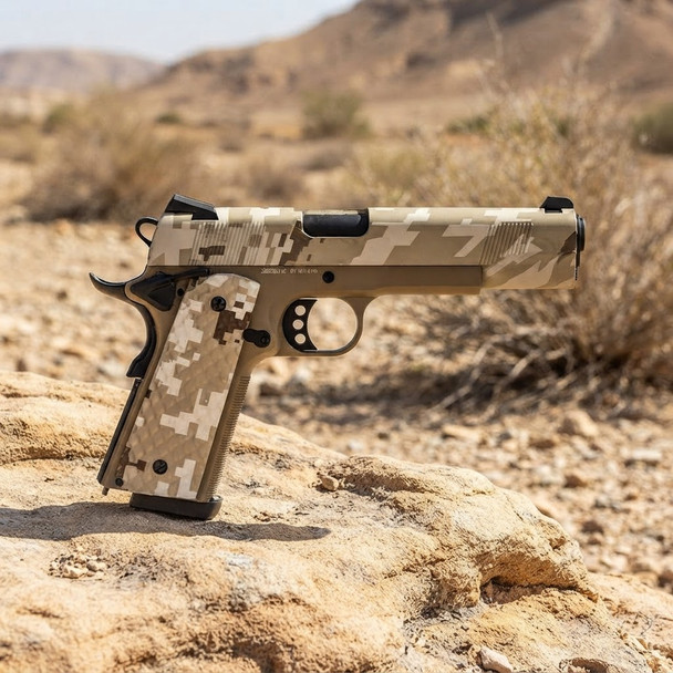 Raven M1911 MEU GBB Airsoft Pistol in Digital Desert resting on a rock in a desert environment.