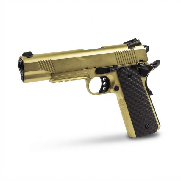 Side profile of the Raven M1911 MEU Gas Blowback Airsoft Pistol Railed in Gold featuring black textured grips.