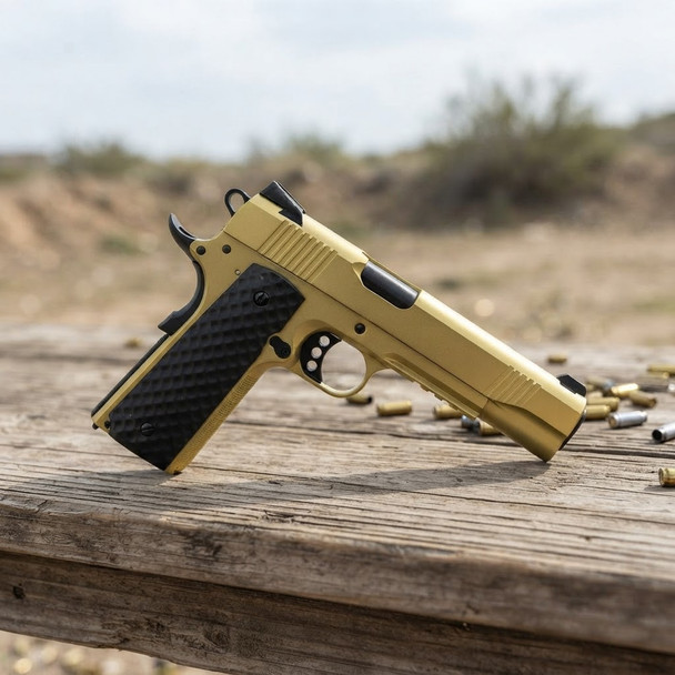 Raven M1911 MEU Gas Blowback Airsoft Pistol Railed in Gold side view on a wooden bench