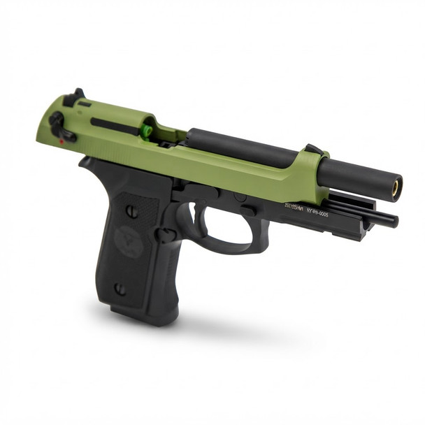 Raven R9 Replica M92 Gas Blowback Airsoft Pistol in Black & Green shown with the slide locked in an open position.