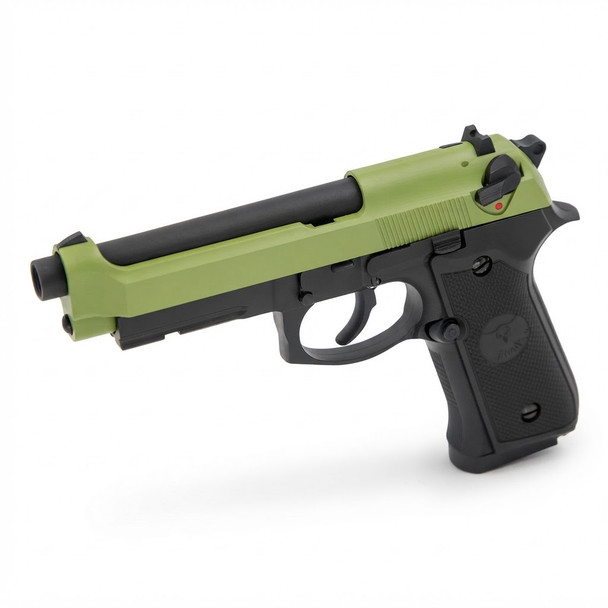 Raven R9 Replica M92 Gas Blowback Airsoft Pistol in Black & Green viewed from the rear three-quarter angle.