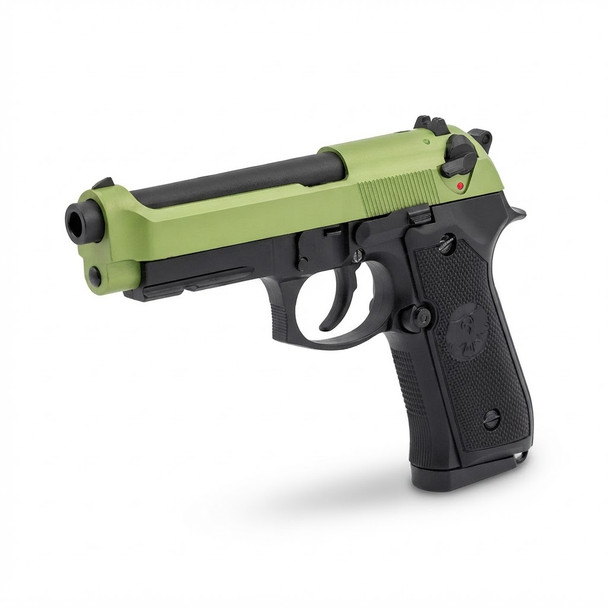 Raven R9 Replica M92 Gas Blowback Airsoft Pistol in Black & Green shown from a front three-quarter angle.