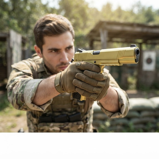 A tactical player aiming the Raven M1911 MEU GBB Railed Airsoft Pistol in Gold at an outdoor airsoft field.