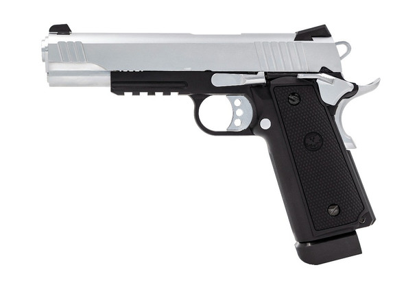 Raven Hi-Capa R14 Gas Blowback Airsoft Pistol with Rails in Black & Sliver