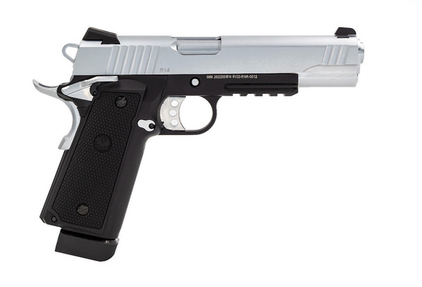 Raven Hi-Capa R14 Gas Blowback Airsoft Pistol with Rails in Black & Sliver