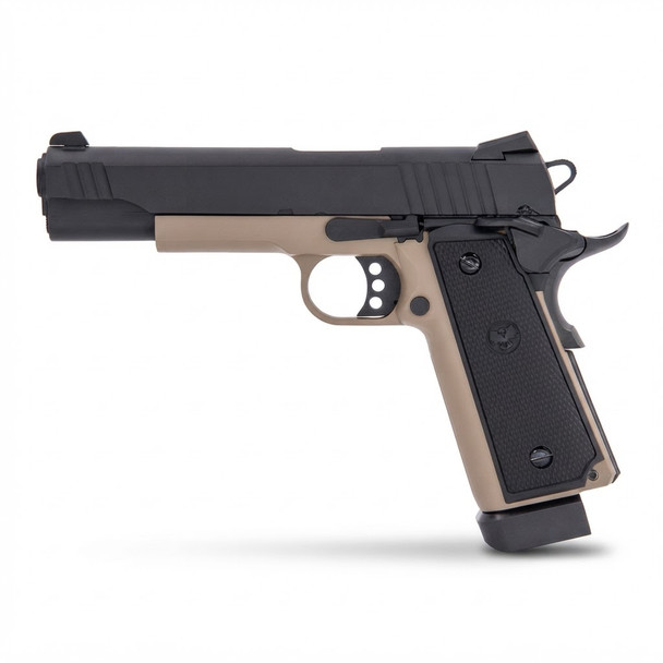 Side profile view of the Raven Hi-Capa R14 Airsoft Pistol in Desert Tan with Black Slide on a white background.