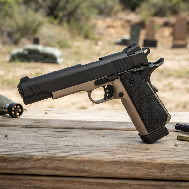 Raven Hi-Capa R14 Airsoft Pistol in Desert Tan with Black Slide resting on a wooden table at an outdoor shooting range.