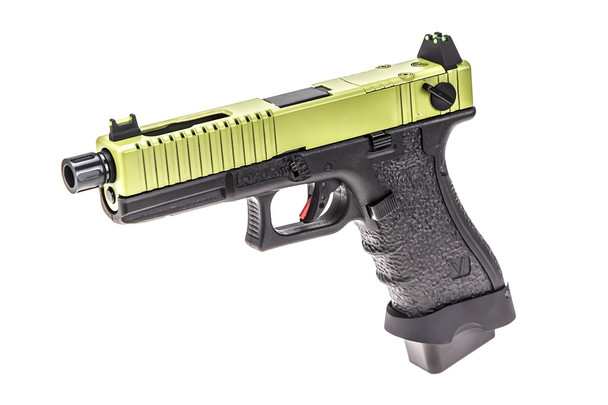 Vorsk EU18 Gas Blowback Airsoft Pistol in Black with Green Top Slide