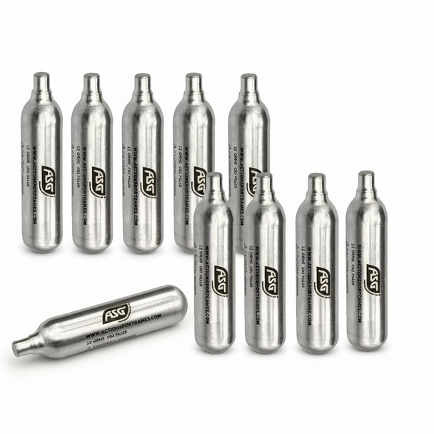 A studio shot of ten ASG ULTRAIR CO2 Cartridge/Capsules x 10 pc (12g) arranged in rows, with one lying horizontally.