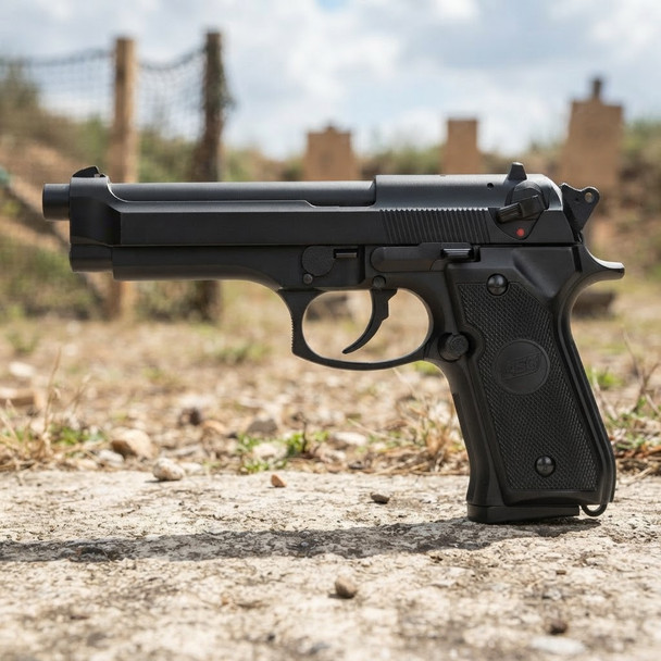 ASG M92 Non Blowback Gas Airsoft Pistol in Black, left-side view outdoors