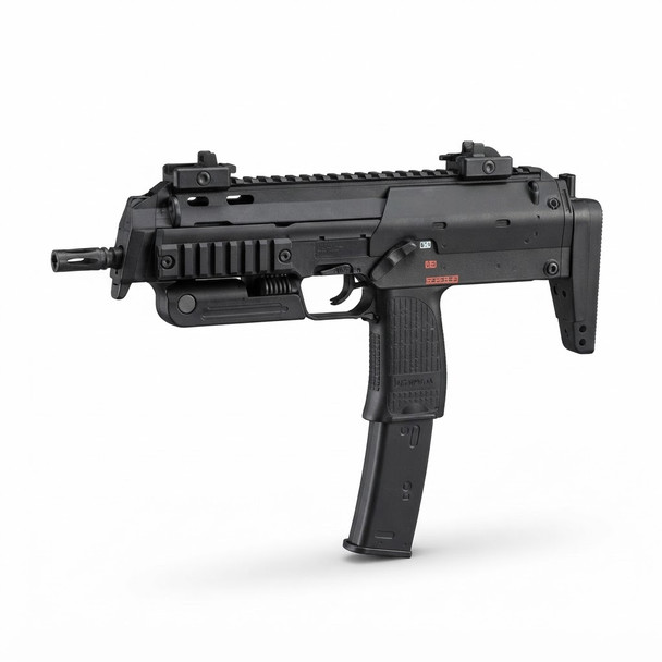 Side view of the Tokyo Marui MP7A1 Compact AEP Electric Airsoft SMG with a long magazine on a white background.
