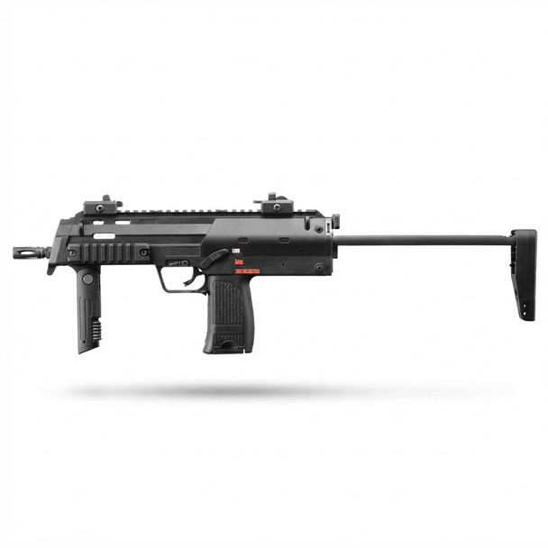 Tokyo Marui MP7A1 Compact AEP Electric Airsoft SMG shown from the side with stock extended and vertical grip deployed.