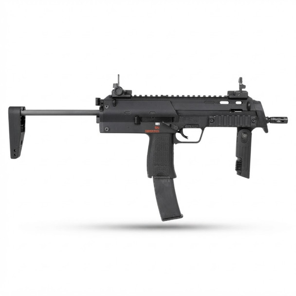 Side profile of the Tokyo Marui MP7A1 Compact AEP Electric Airsoft SMG with stock extended and folding foregrip deployed.