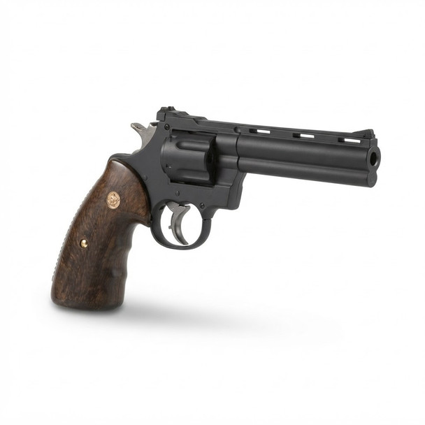 Side profile of the ASG R-357 Zastava Arms Gas Airsoft Revolver 4" in Black featuring a wooden grip on a white background.