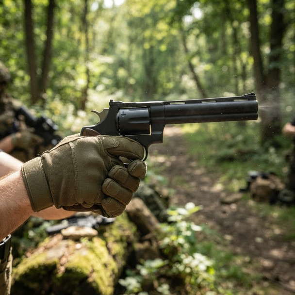 Action shot of the ASG R-357 Zastava Arms Gas Airsoft Revolver 4" in Black held by a gloved hand in a wooded field.