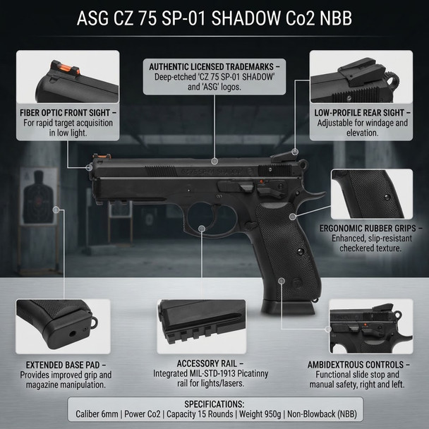 ASG CZ 75 SP-01 Shadow Co2 NBB Airsoft Pistol in Black feature diagram showing sights, grips, and rail details.