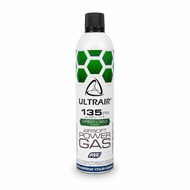 A studio shot of the ASG ULTRAIR Power Airsoft Gas with Silicone 570 ml 135Psi (Green) canister on a white background.