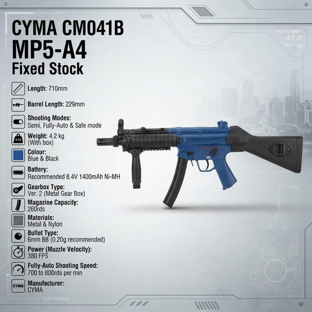Cyma CM041B MP5-A4 Airsoft Rifle Fixed Stock in Blue