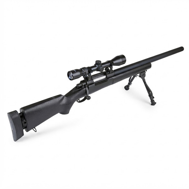 Rear angle view of the Snow Wolf VSR10 Airsoft Sniper Rifle with Scope & Bipod in Black on a white background.