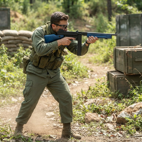 Snow Wolf M1A1 Thompson AEG Rifle in Blue (SW-05) aimed outdoors by a player in tactical gear