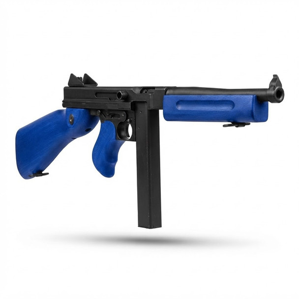 Angled perspective of the Snow Wolf M1A1 Thompson AEG Rifle in Blue (SW-05) highlighting the receiver and stock.