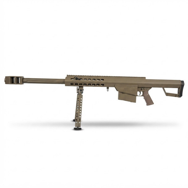 Snow Wolf Barrett M82 CQB Airsoft Sniper Rifle AEG with bipod in Tan shown from a direct side profile view.