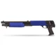 Profile view of the Double Eagle M56B Pump Action Airsoft Shotgun Tri Shot in Blue isolated on white.
