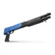 Angled perspective of the Double Eagle M56B Pump Action Airsoft Shotgun Tri Shot in Blue showing the barrel and grip.