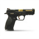 Left profile view of the WE Tech BB FORCE T1 Airsoft Pistol in Black Slide with Gold Barrel highlighting the serial tag.