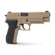Side profile of the WE MK25 GBB Pistol F003 P226 (Tan) showing the black grip and tan frame on a white background.