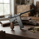Side view of the WE 712 M712 'Broomhandle Mauser' GBB Pistol with Stock/Holster resting on a wooden workbench.